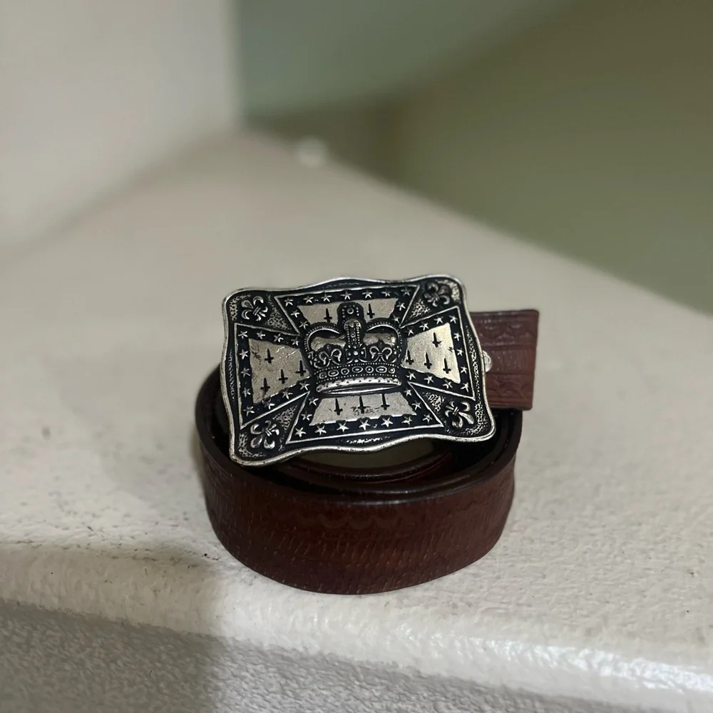 VNTG Genuine Brown Leather Belt Silver Buckle‎ Fit For a King Crown western